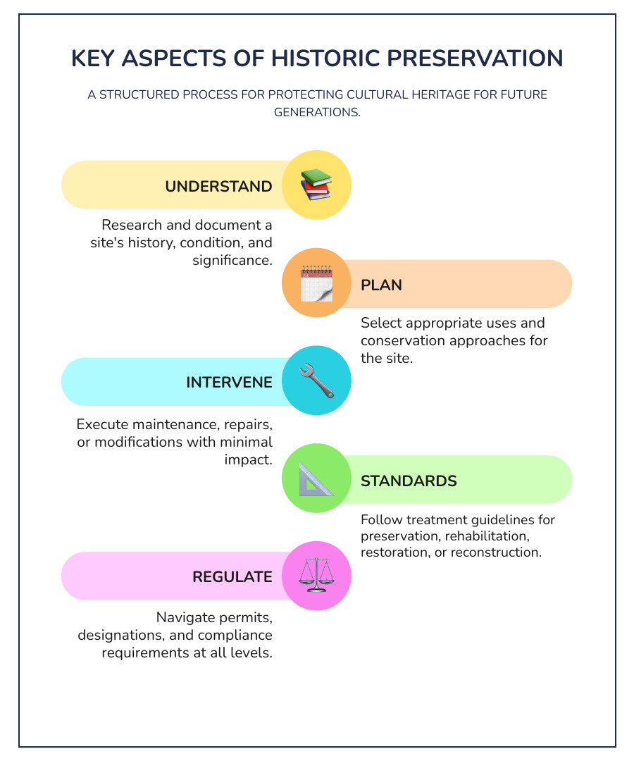 Infographic showing the conservation decision-making sequence: Understanding phase includes research and documentation of heritage value and character-defining elements; Planning phase involves selecting appropriate use and treatment approach (preservation, rehabilitation, restoration, or reconstruction); Intervening phase encompasses project work, maintenance, and monitoring with minimal intervention to protect historic fabric - Historic Preservation infographic infographic-line-5-steps-colors Infographic showing the conservation decision-making sequence: Understanding phase includes research and documentation of heritage value and character-defining elements; Planning phase involves selecting appropriate use and treatment approach (preservation, rehabilitation, restoration, or reconstruction); Intervening phase encompasses project work, maintenance, and monitoring with minimal intervention to protect historic fabric - Historic Preservation infographic infographic-line-5-steps-colors