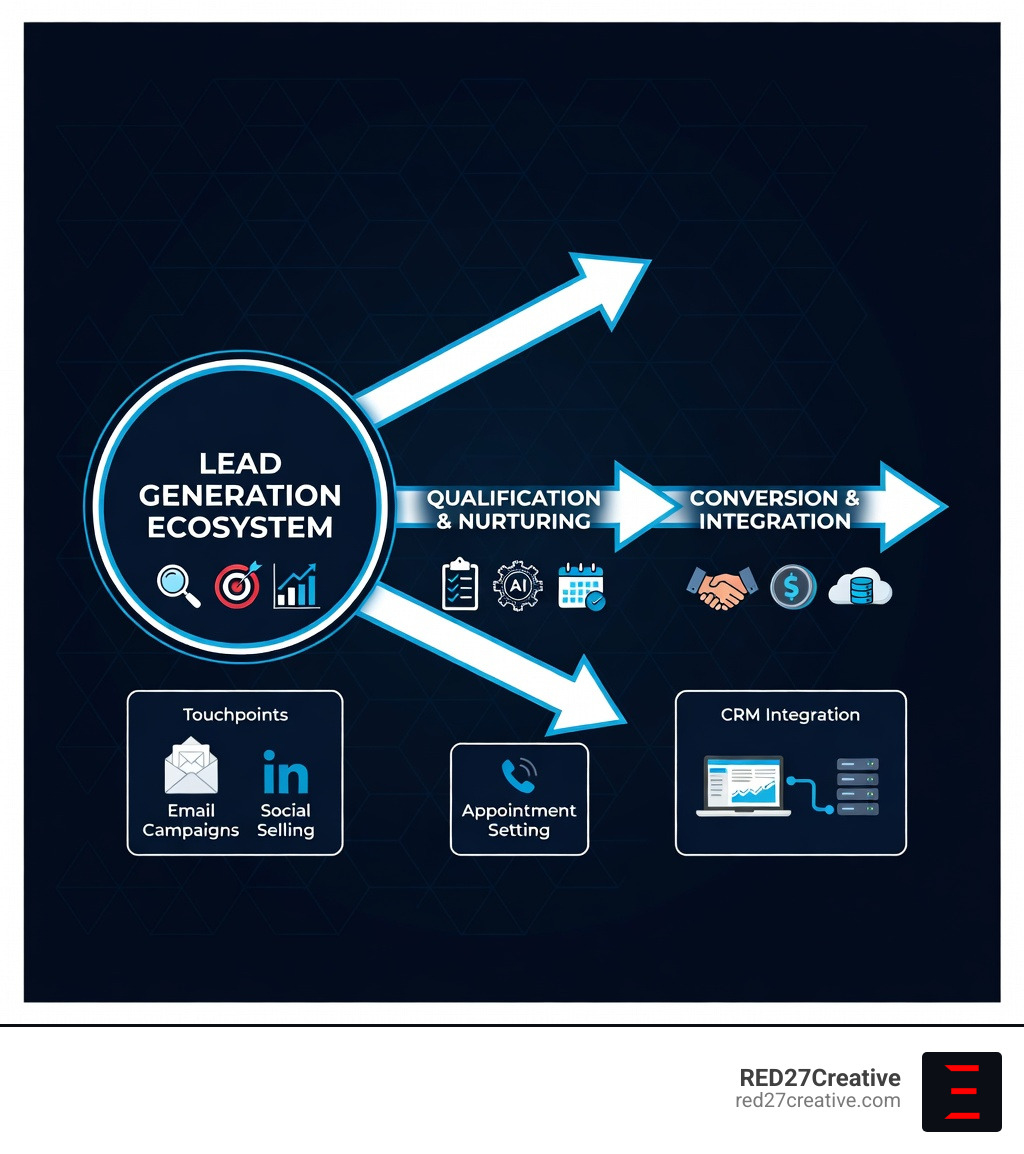 Lead generation ecosystem showing the journey from prospecting through qualification to conversion, including touchpoints like email campaigns, social selling, appointment setting, and CRM integration - business lead generation company infographic Lead generation ecosystem showing the journey from prospecting through qualification to conversion, including touchpoints like email campaigns, social selling, appointment setting, and CRM integration - business lead generation company infographic