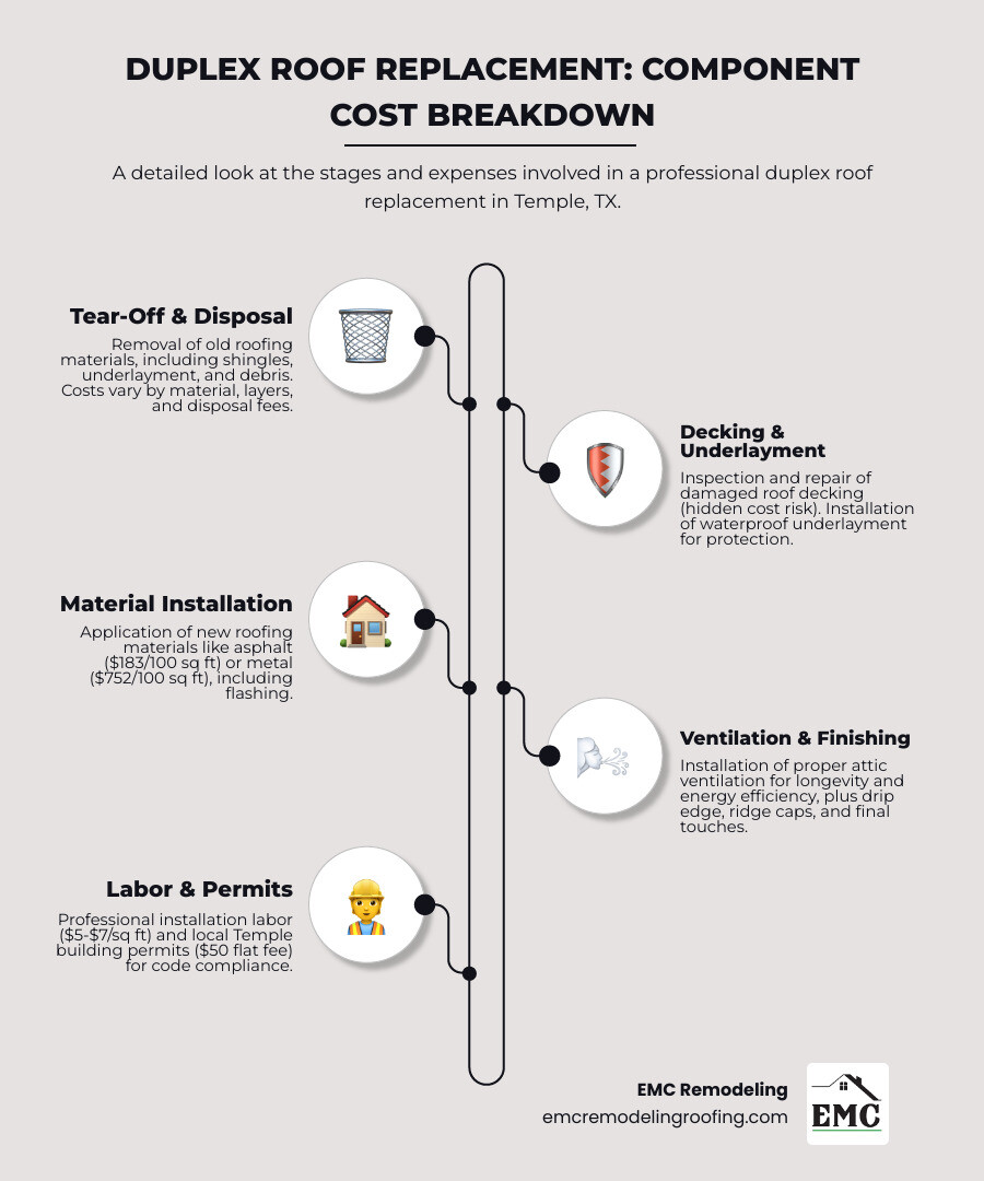 Detailed breakdown showing the layers and components of a professional duplex roof replacement project in Temple TX, including tear-off costs, underlayment installation, shingle or metal material options, flashing work, ventilation requirements, labor rates, permit fees, and disposal expenses with corresponding cost ranges for each element - duplex roof replacement cost temple tx infographic infographic-line-5-steps-elegant_beige
