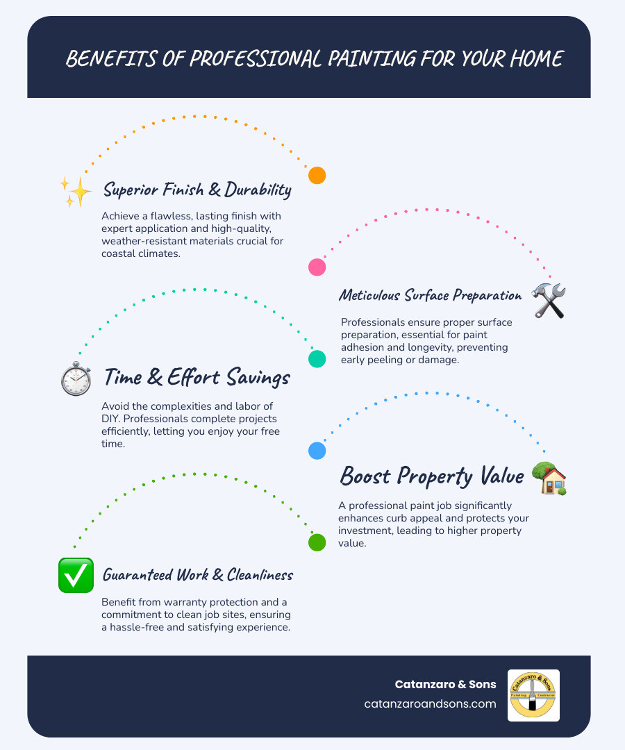 infographic showing benefits of professional painting: superior finish quality, proper surface preparation, weather-resistant materials for coastal climates, time savings versus DIY, warranty protection, clean job sites, and increased property value - painters south county infographic infographic-line-5-steps-blues-accent_colors