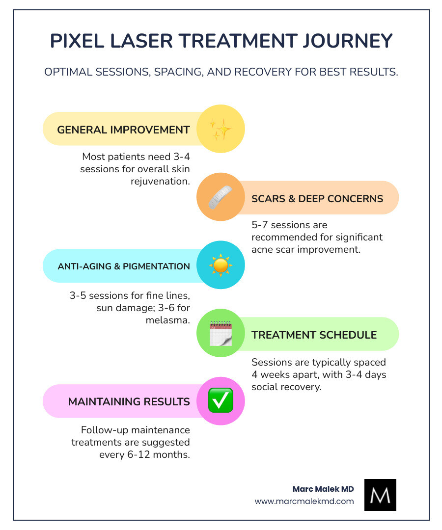 Infographic showing Pixel laser treatment timeline: 3-6 total sessions recommended, spaced 4 weeks apart, with 3-4 days recovery per session, and visible improvements appearing 1-3 months after first treatment, followed by maintenance every 6-12 months - how many pixel laser treatments do i need infographic infographic-line-5-steps-colors Infographic showing Pixel laser treatment timeline: 3-6 total sessions recommended, spaced 4 weeks apart, with 3-4 days recovery per session, and visible improvements appearing 1-3 months after first treatment, followed by maintenance every 6-12 months - how many pixel laser treatments do i need infographic infographic-line-5-steps-colors