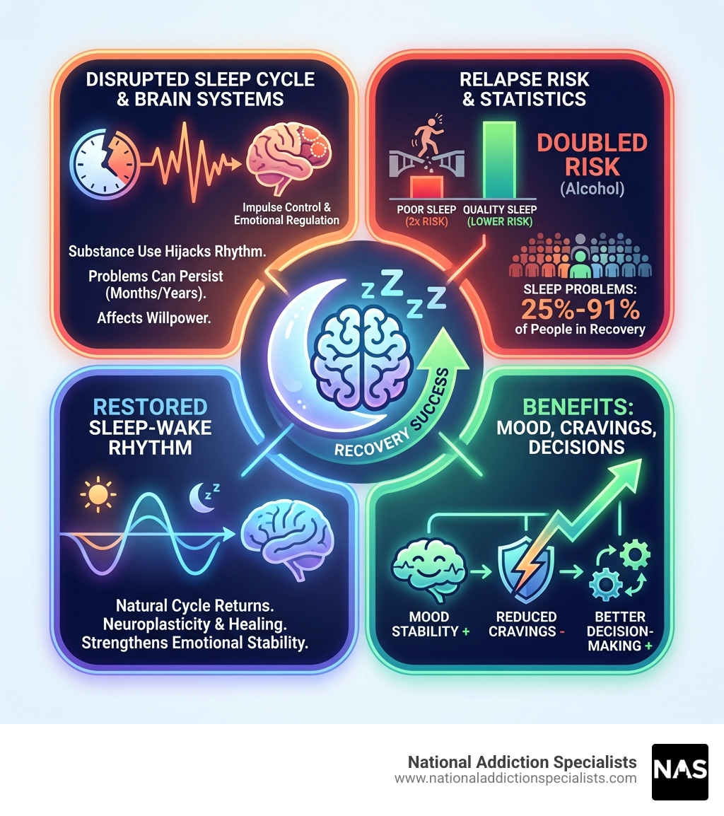 Infographic showing the relationship between quality sleep and recovery success, including statistics on relapse risk, the sleep-wake cycle during different recovery stages, and how sleep impacts mood stability, cravings, and decision-making in sobriety - Addiction recovery sleep infographic 