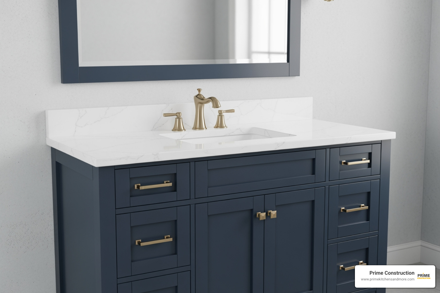 Transitional navy blue 48-inch vanity with white quartz top and brushed gold hardware - 48 vanity with quartz top