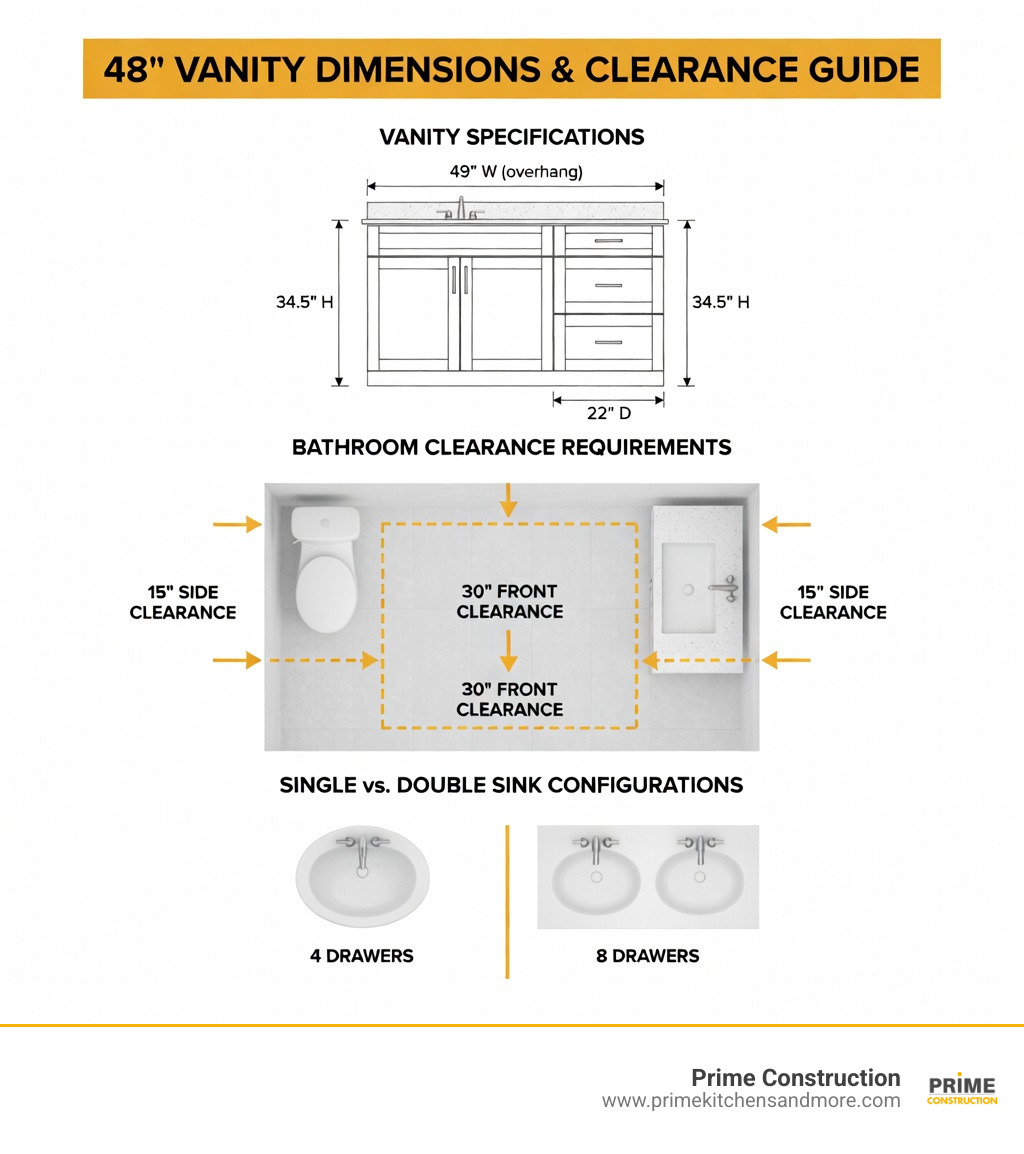 Infographic showing 48-inch vanity dimensions, typical bathroom clearance requirements of 30 inches in front and 15 inches on each side, and comparison of single versus double sink configurations with storage drawer counts - 48 vanity with quartz top infographic 