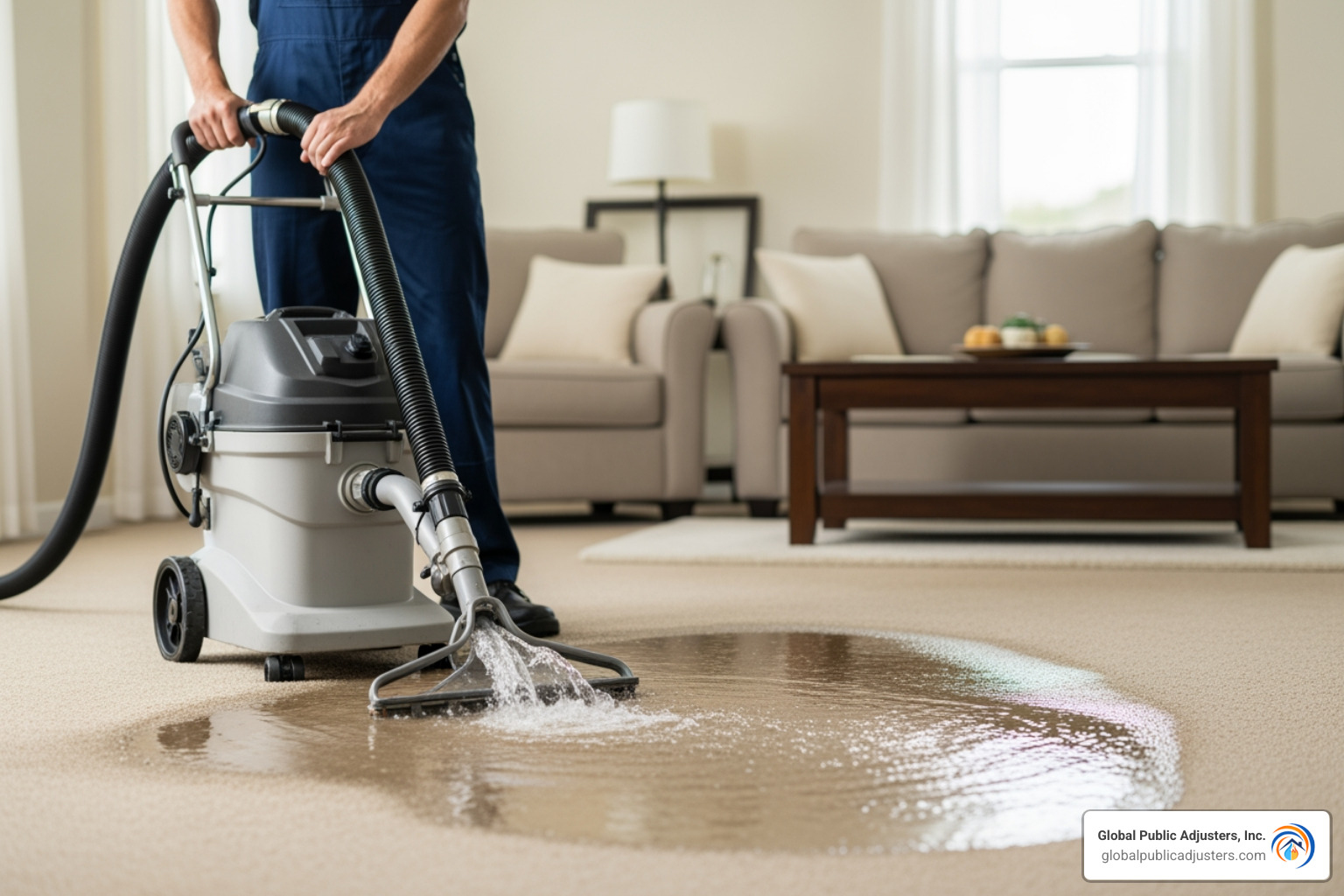 Professional water extraction equipment being used on a soaked carpet - Orlando water damage cleanup
