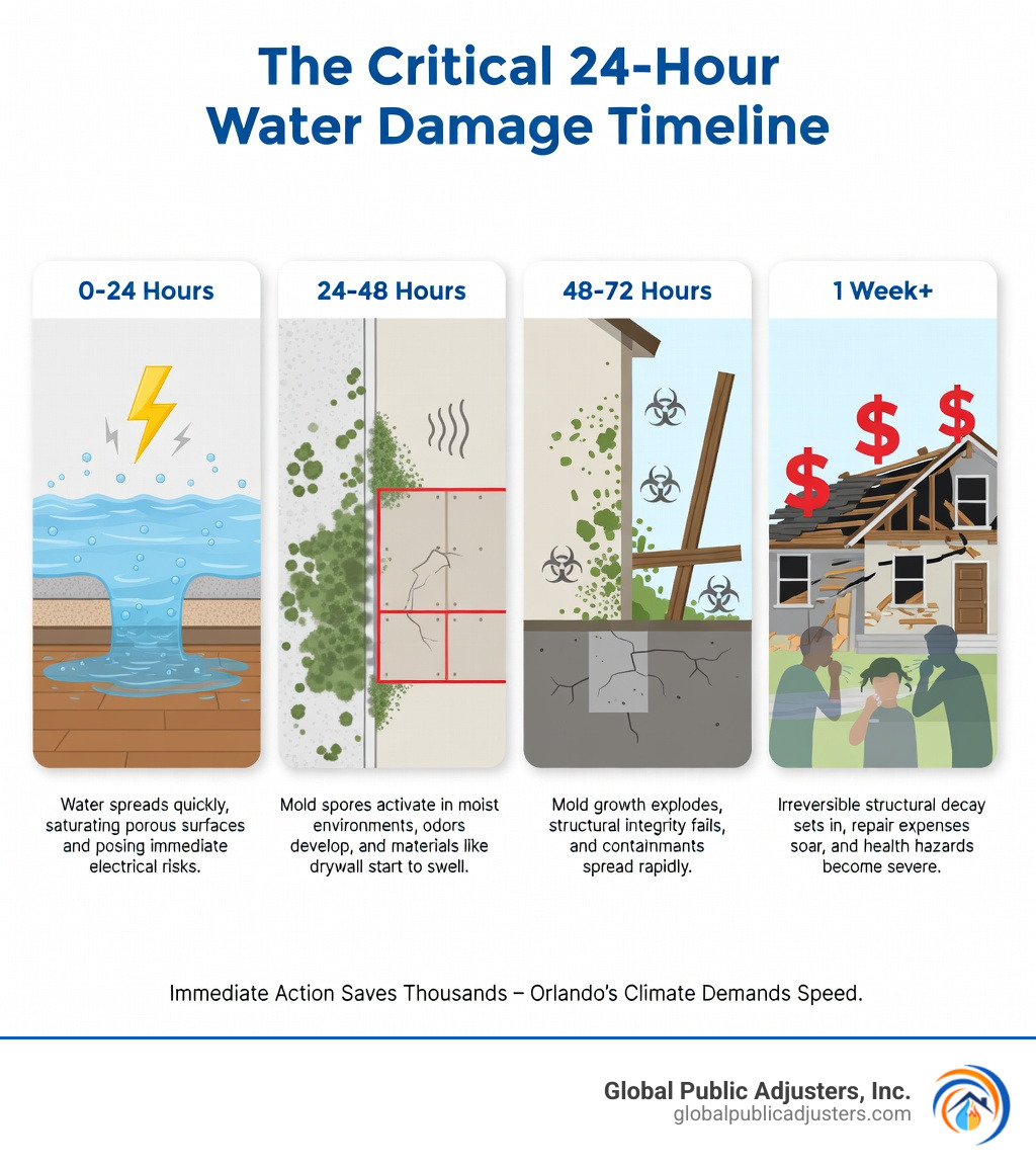 Infographic showing the 24-hour water damage timeline: 0-24 hours - water spreads and soaks into porous materials, electrical hazards develop; 24-48 hours - mold spores begin to grow, odors appear, drywall swells; 48-72 hours - mold growth accelerates, structural damage worsens, contamination spreads; 1 week+ - serious structural damage, expensive repairs needed, health risks increase significantly - Orlando water damage cleanup infographic 