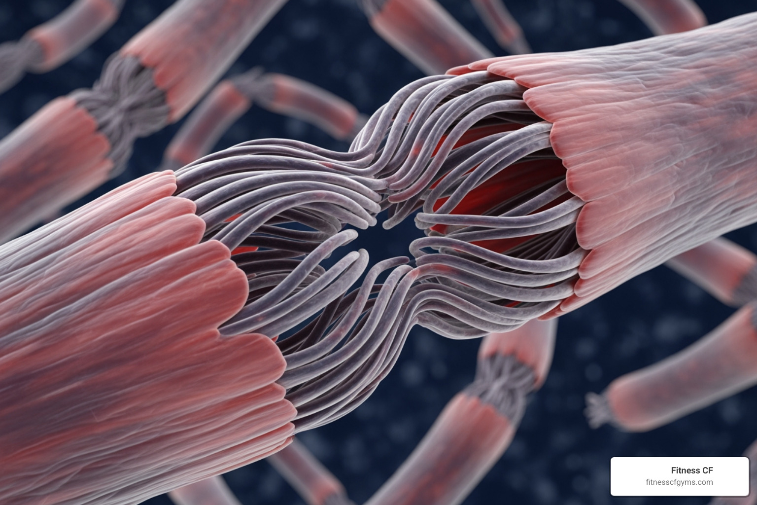 microscopic muscle fiber repair process showing how protein filaments fuse together after being stimulated by resistance training - gym tips for muscle gain