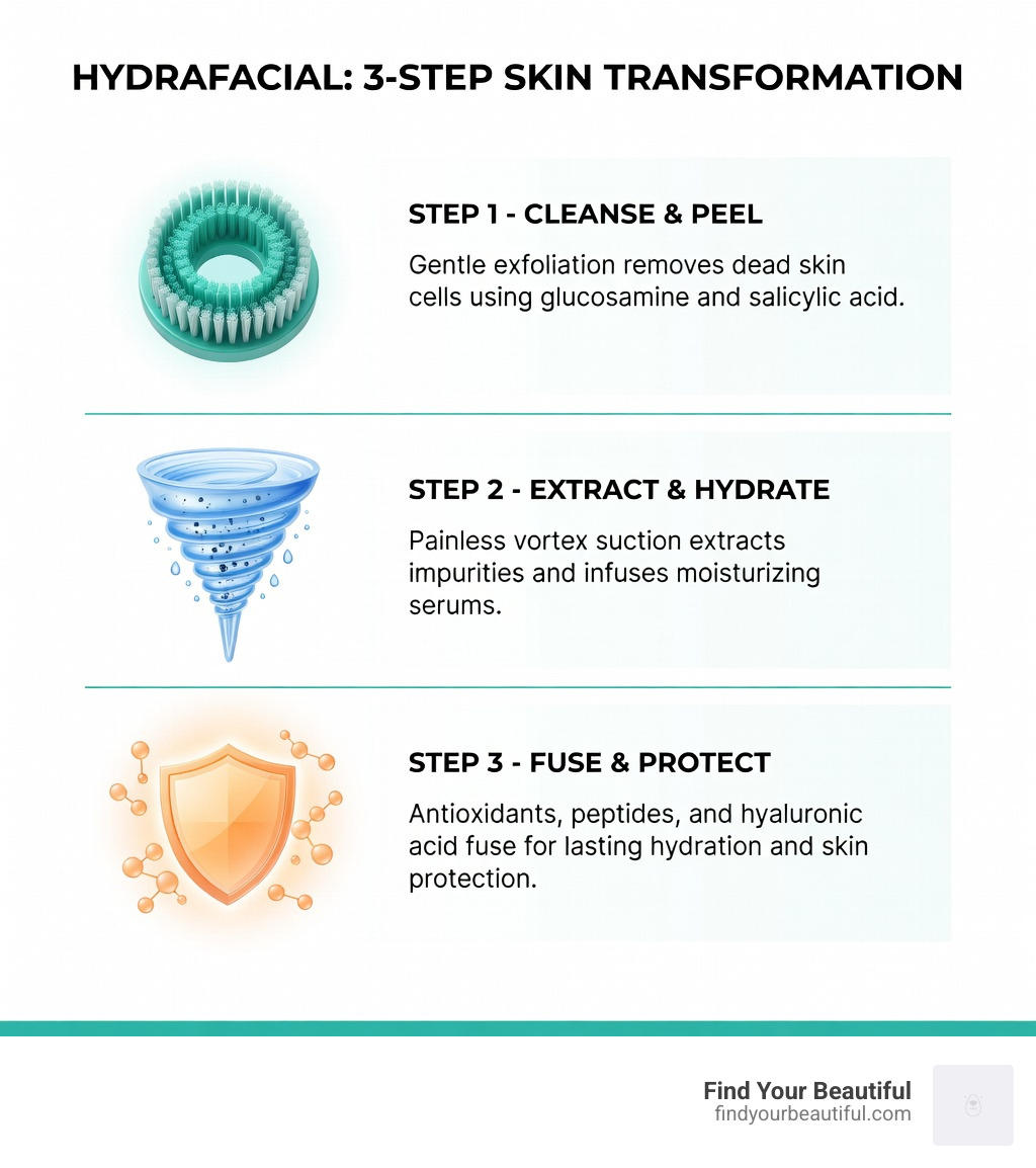 Infographic showing the 3-step Hydrafacial process: Step 1 - Cleanse and Peel using gentle exfoliation with glucosamine and salicylic acid; Step 2 - Extract and Hydrate using painless vortex suction to remove impurities while infusing moisturizing serums; Step 3 - Fuse and Protect using antioxidants, peptides, and hyaluronic acid for lasting hydration and protection - hydrafacial infographic 