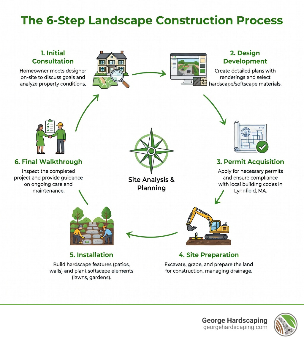 Infographic showing the 6-step landscape construction process: 1. Initial consultation and site analysis with homeowner meeting designer, 2. Design development with 3D renderings and material selection, 3. Permit acquisition and code compliance review, 4. Site preparation including excavation and grading, 5. Installation of hardscape features and planting, 6. Final walkthrough and maintenance guidance - Landscape Construction Lynnfield MA infographic 