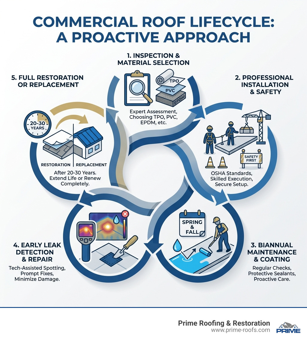 Infographic showing the lifecycle of a commercial roof: inspection and material selection, professional installation with safety protocols, biannual maintenance and coating application, early leak detection and repair, and full restoration or replacement after 20-30 years - commercial building roofing contractors infographic 