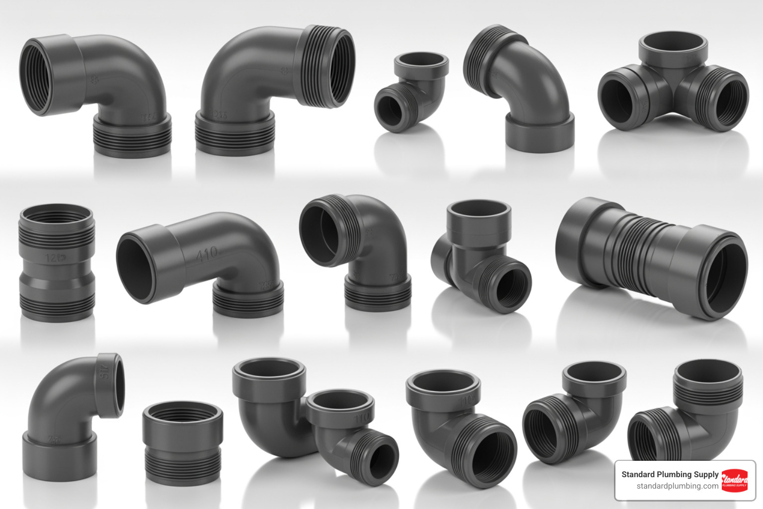 Collage showing different types of 110mm fittings including 45-degree bends, 90-degree junctions, slip couplers, and waste adaptors - 110 waste pipe fittings Collage showing different types of 110mm fittings including 45-degree bends, 90-degree junctions, slip couplers, and waste adaptors - 110 waste pipe fittings
