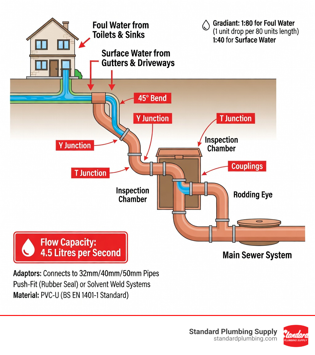 Infographic showing the complete flow path of waste from household fixtures through 110mm underground drainage pipes, including proper gradient requirements (1:80 for foul water, 1:40 for surface water), connection points for toilets and sinks, junction fittings where multiple pipes meet, inspection chambers for maintenance access, and final connection to the main sewer system, with labels indicating key components like bends, adaptors, rodding eyes, and the 4.5 litres per second flow capacity - 110 waste pipe fittings infographic Infographic showing the complete flow path of waste from household fixtures through 110mm underground drainage pipes, including proper gradient requirements (1:80 for foul water, 1:40 for surface water), connection points for toilets and sinks, junction fittings where multiple pipes meet, inspection chambers for maintenance access, and final connection to the main sewer system, with labels indicating key components like bends, adaptors, rodding eyes, and the 4.5 litres per second flow capacity - 110 waste pipe fittings infographic