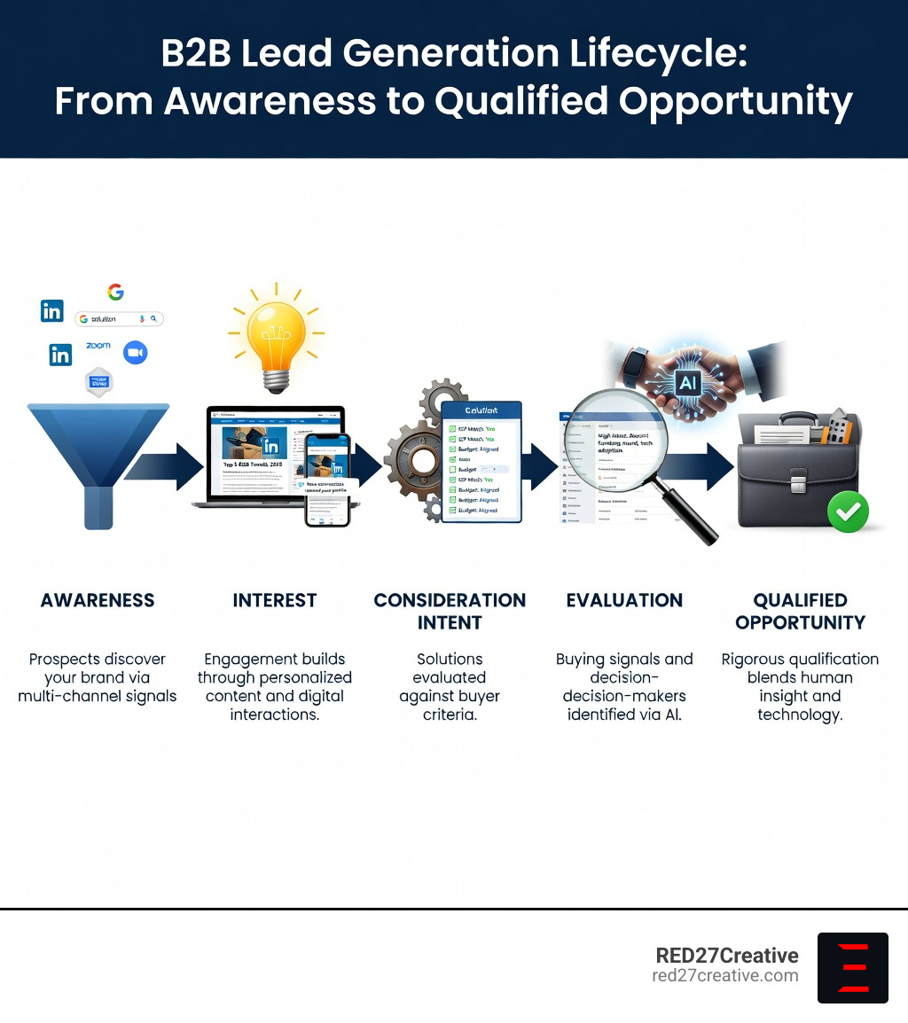 B2B lead generation lifecycle from awareness to qualified opportunity - b2b lead generation and conversion services providers infographic B2B lead generation lifecycle from awareness to qualified opportunity - b2b lead generation and conversion services providers infographic