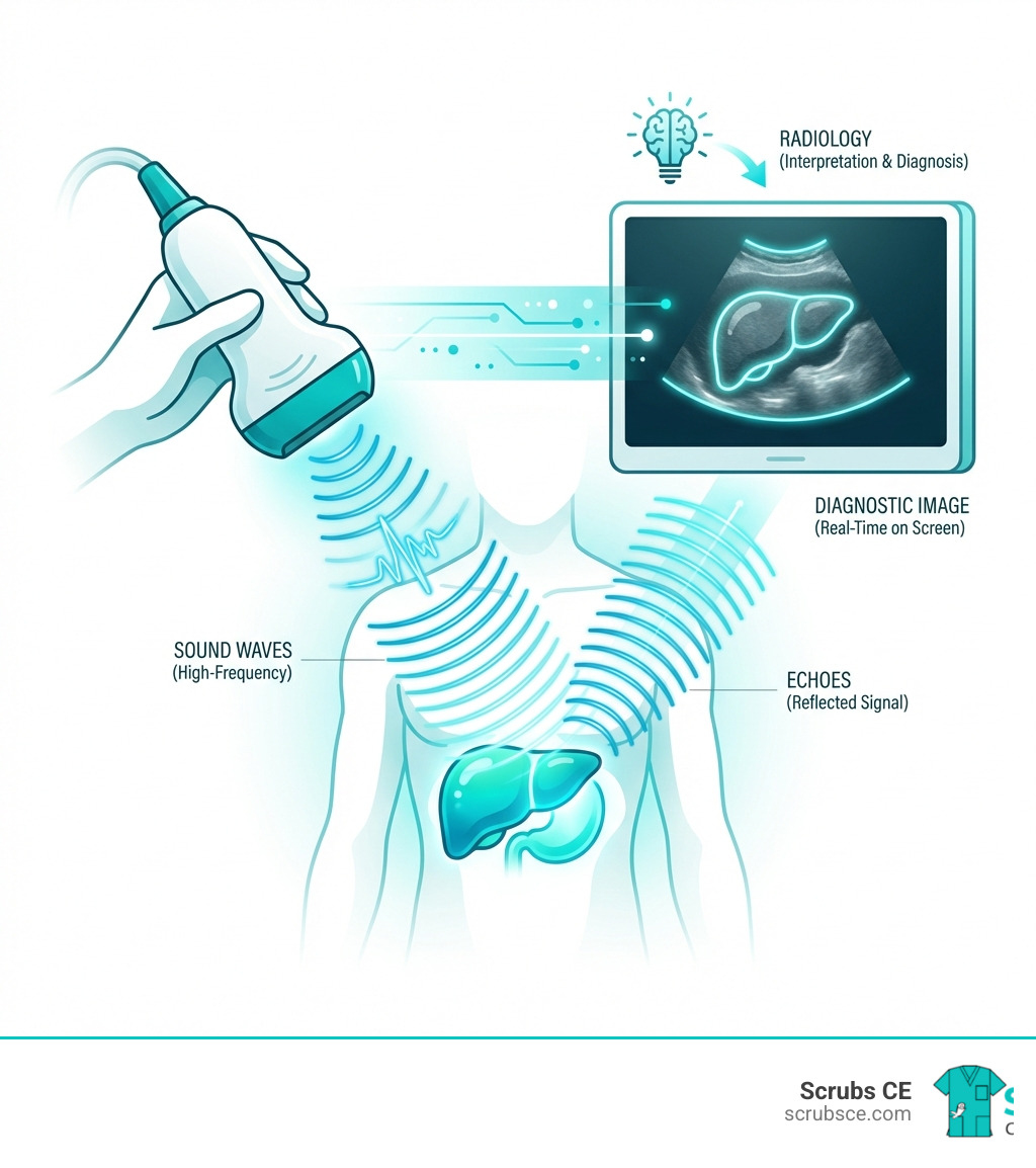 infographic showing how ultrasound transducer emits sound waves that bounce off internal organs creating echoes that form diagnostic images on screen in Radiology - Diagnostic medical sonography infographic infographic showing how ultrasound transducer emits sound waves that bounce off internal organs creating echoes that form diagnostic images on screen in Radiology - Diagnostic medical sonography infographic