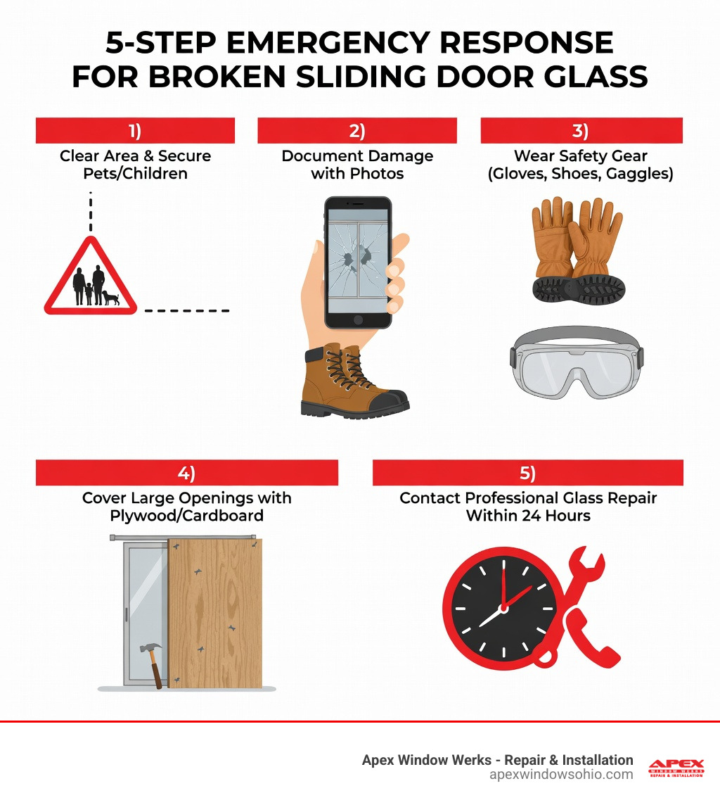 Infographic showing 5-step emergency response for broken sliding door glass: 1) Clear area and secure pets/children, 2) Document damage with photos, 3) Wear safety gear (gloves, shoes, goggles), 4) Cover large openings with plywood/cardboard, 5) Contact professional glass repair within 24 hours - broken sliding door glass infographic Infographic showing 5-step emergency response for broken sliding door glass: 1) Clear area and secure pets/children, 2) Document damage with photos, 3) Wear safety gear (gloves, shoes, goggles), 4) Cover large openings with plywood/cardboard, 5) Contact professional glass repair within 24 hours - broken sliding door glass infographic