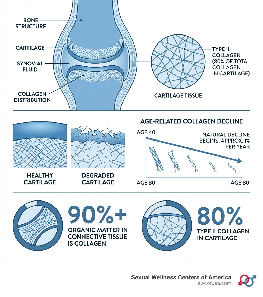 Infographic showing joint anatomy with labeled cartilage, synovial fluid, and bone structure; collagen distribution in joint tissues; visual representation of age-related collagen decline from age 40 to 80; comparison of healthy vs degraded cartilage; key statistics showing 80% type II collagen in cartilage and 90%+ organic matter in connective tissue - collagen peptides for joints infographic Infographic showing joint anatomy with labeled cartilage, synovial fluid, and bone structure; collagen distribution in joint tissues; visual representation of age-related collagen decline from age 40 to 80; comparison of healthy vs degraded cartilage; key statistics showing 80% type II collagen in cartilage and 90%+ organic matter in connective tissue - collagen peptides for joints infographic