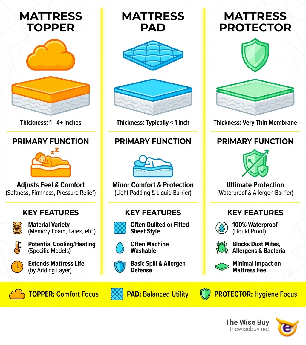 infographic comparing mattress toppers vs mattress pads vs mattress protectors showing thickness differences, primary functions, and key features - mattress toppers infographic infographic comparing mattress toppers vs mattress pads vs mattress protectors showing thickness differences, primary functions, and key features - mattress toppers infographic