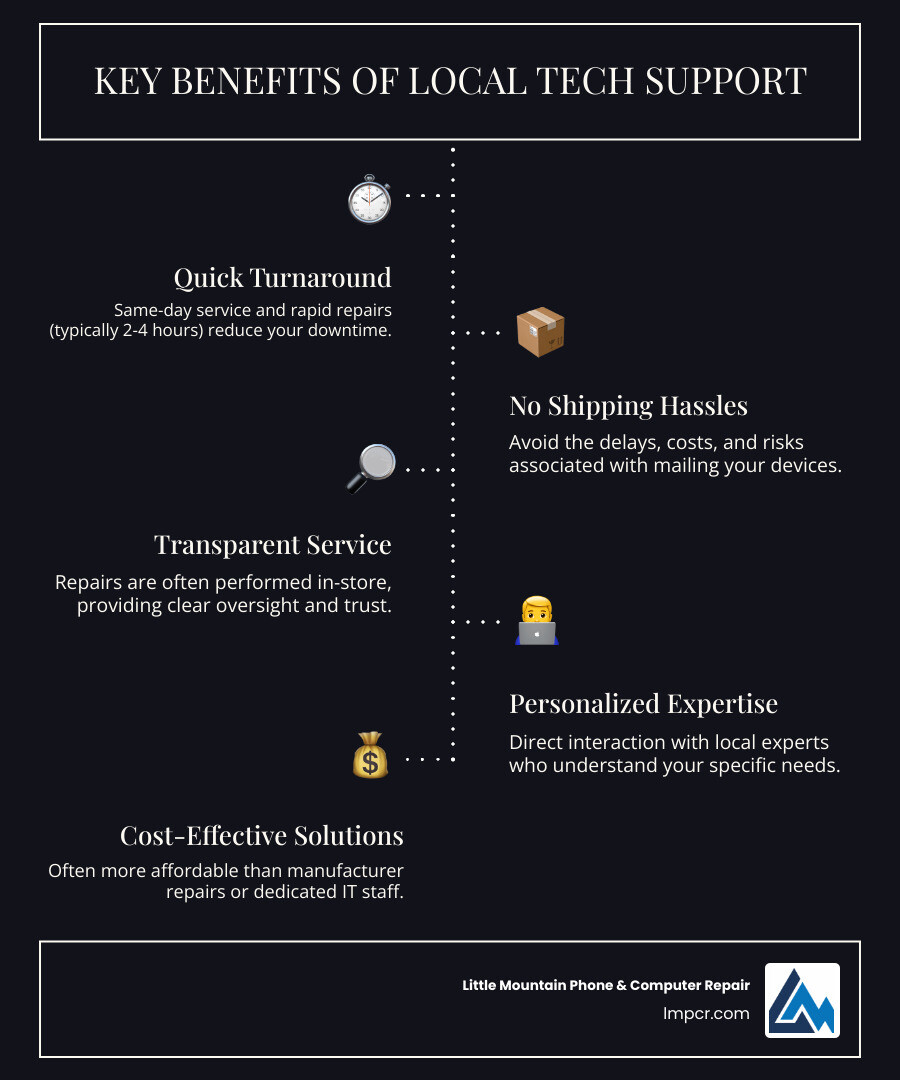 infographic showing benefits of local tech support including same-day service, transparent repairs in-store, no shipping delays, personalized service from local experts, support for both hardware and software issues, and cost-effective compared to manufacturer repairs - Local tech support infographic infographic-line-5-steps-dark