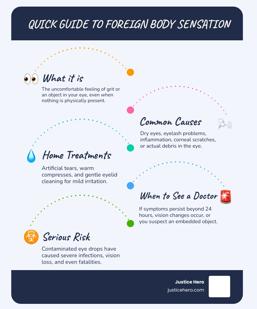 infographic showing cross-section of eye anatomy including cornea, tear film layer, eyelid, and conjunctiva with labels indicating how foreign body sensation occurs when the protective tear film is disrupted or corneal nerve endings are exposed - Foreign body sensation infographic infographic-line-5-steps-blues-accent_colors