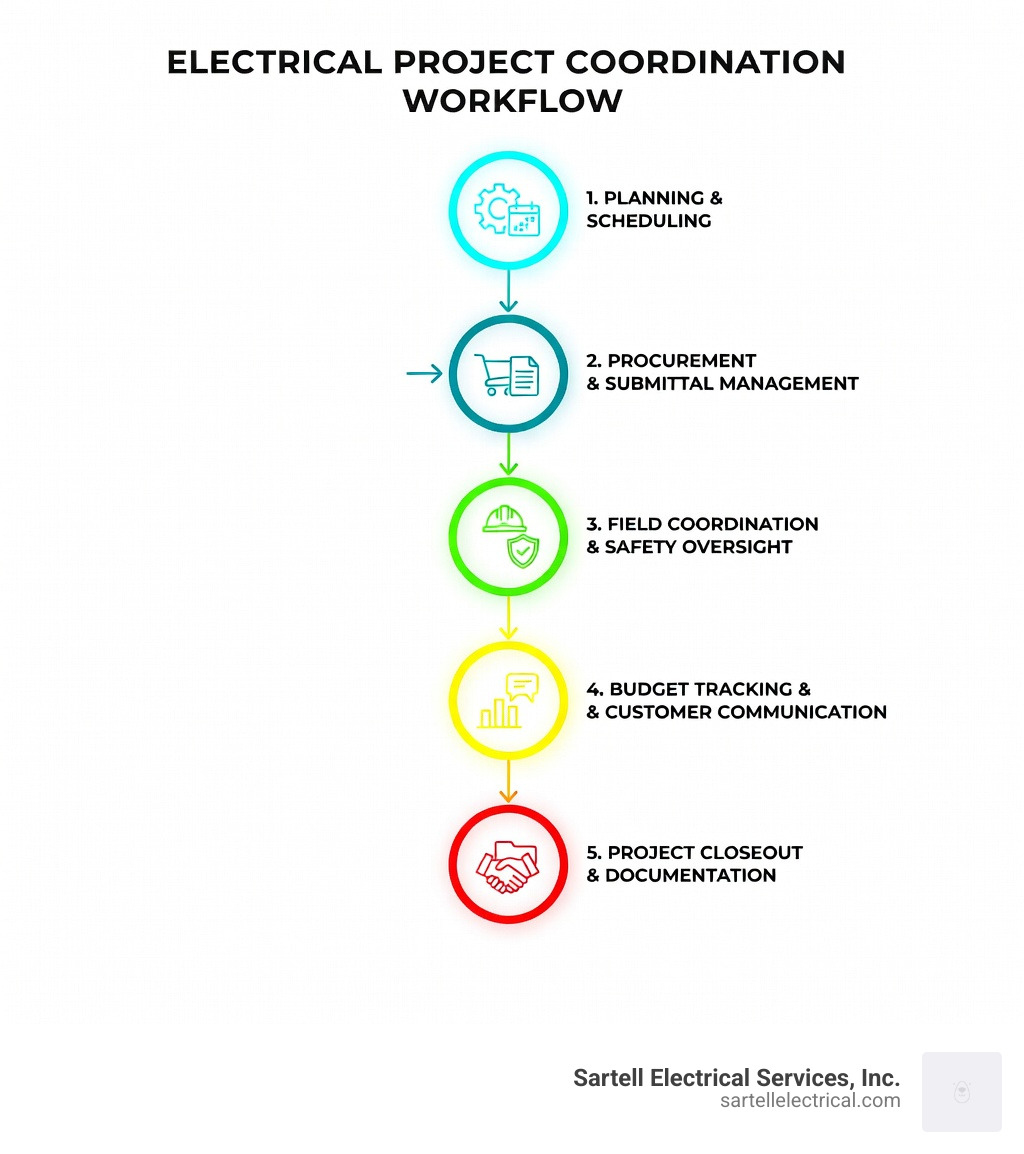 Infographic showing the electrical project coordination workflow: Planning and scheduling phase connecting to procurement and submittal management, flowing to field coordination and safety oversight, then to budget tracking and customer communication, and finally to project closeout and documentation - electrical project coordinator job description infographic 