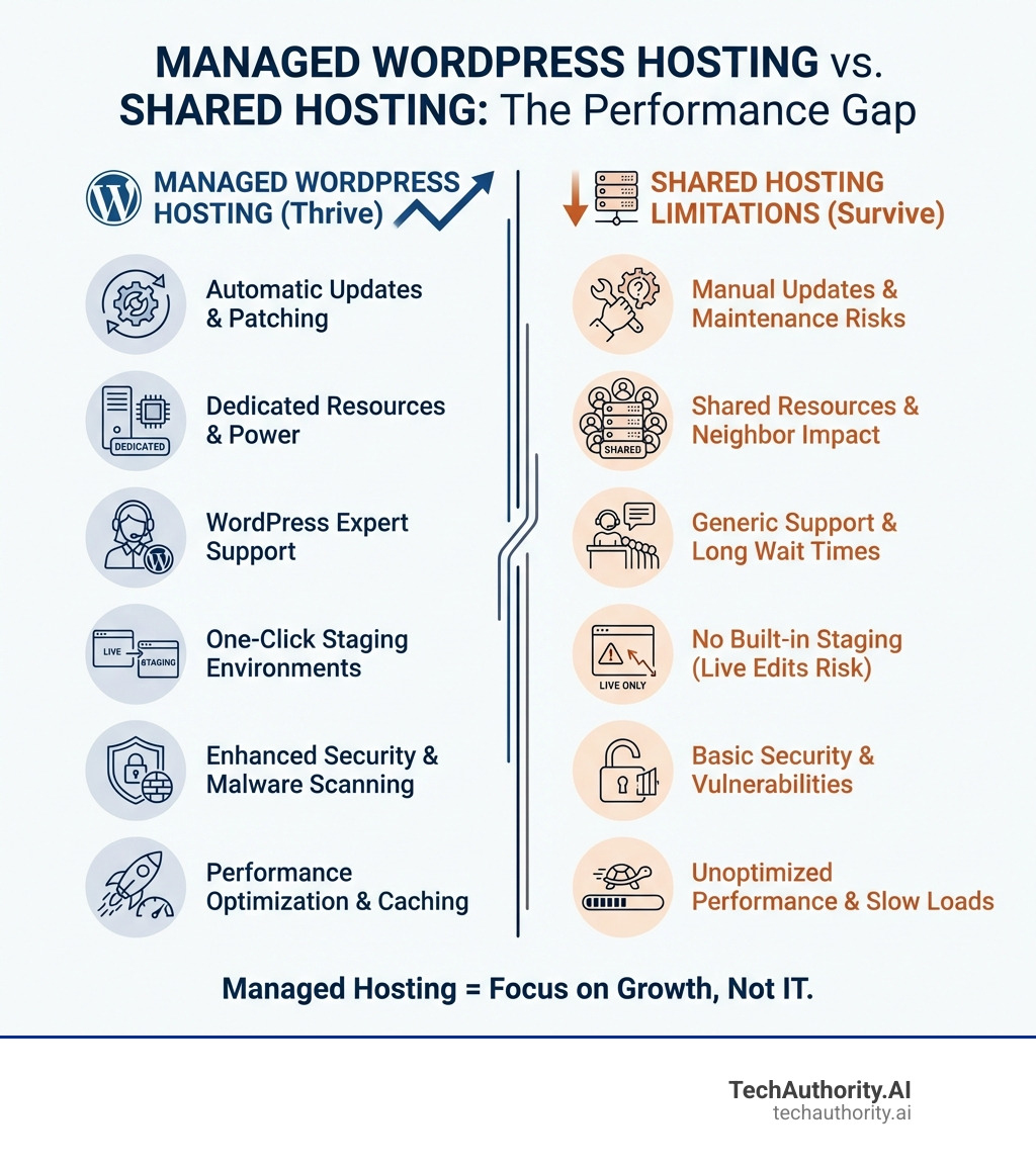 Comparison infographic showing managed WordPress hosting features vs shared hosting limitations including automatic updates, dedicated resources, expert support, staging environments, enhanced security, and performance optimization - managed WordPress hosting review infographic 