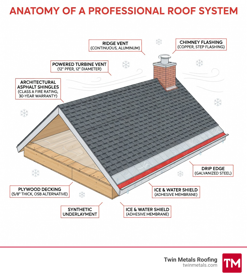 infographic showing the anatomy of a professional roof system including decking, underlayment, ice and water shield, drip edge, shingles, flashing, and ventilation components - local roof replacement infographic 