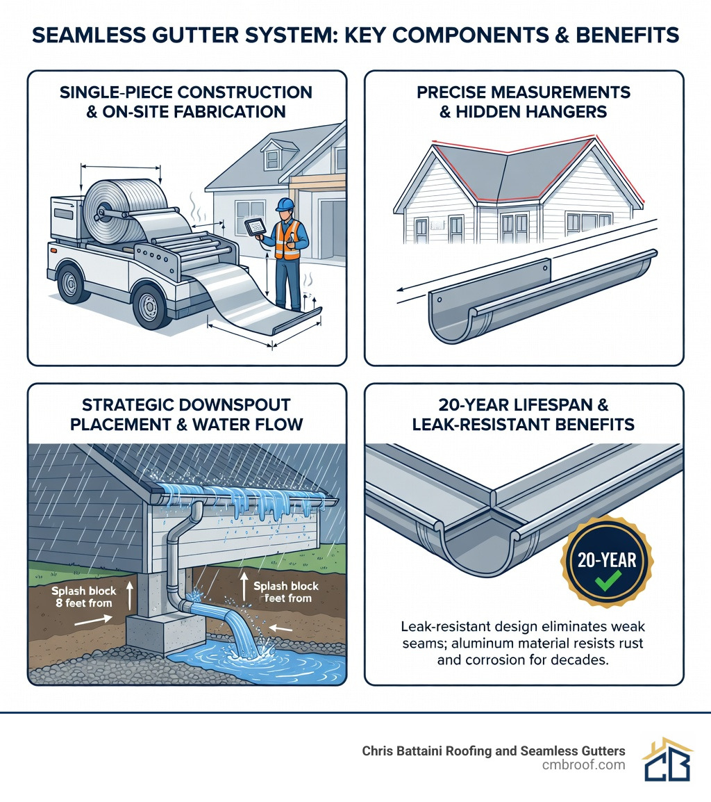 infographic showing seamless gutter system components including single-piece construction, custom on-site fabrication, precise measurements, hidden hangers, downspout placement, and water flow away from foundation with 20-year lifespan and leak-resistant benefits - seamless gutters Springfield MA infographic infographic showing seamless gutter system components including single-piece construction, custom on-site fabrication, precise measurements, hidden hangers, downspout placement, and water flow away from foundation with 20-year lifespan and leak-resistant benefits - seamless gutters Springfield MA infographic