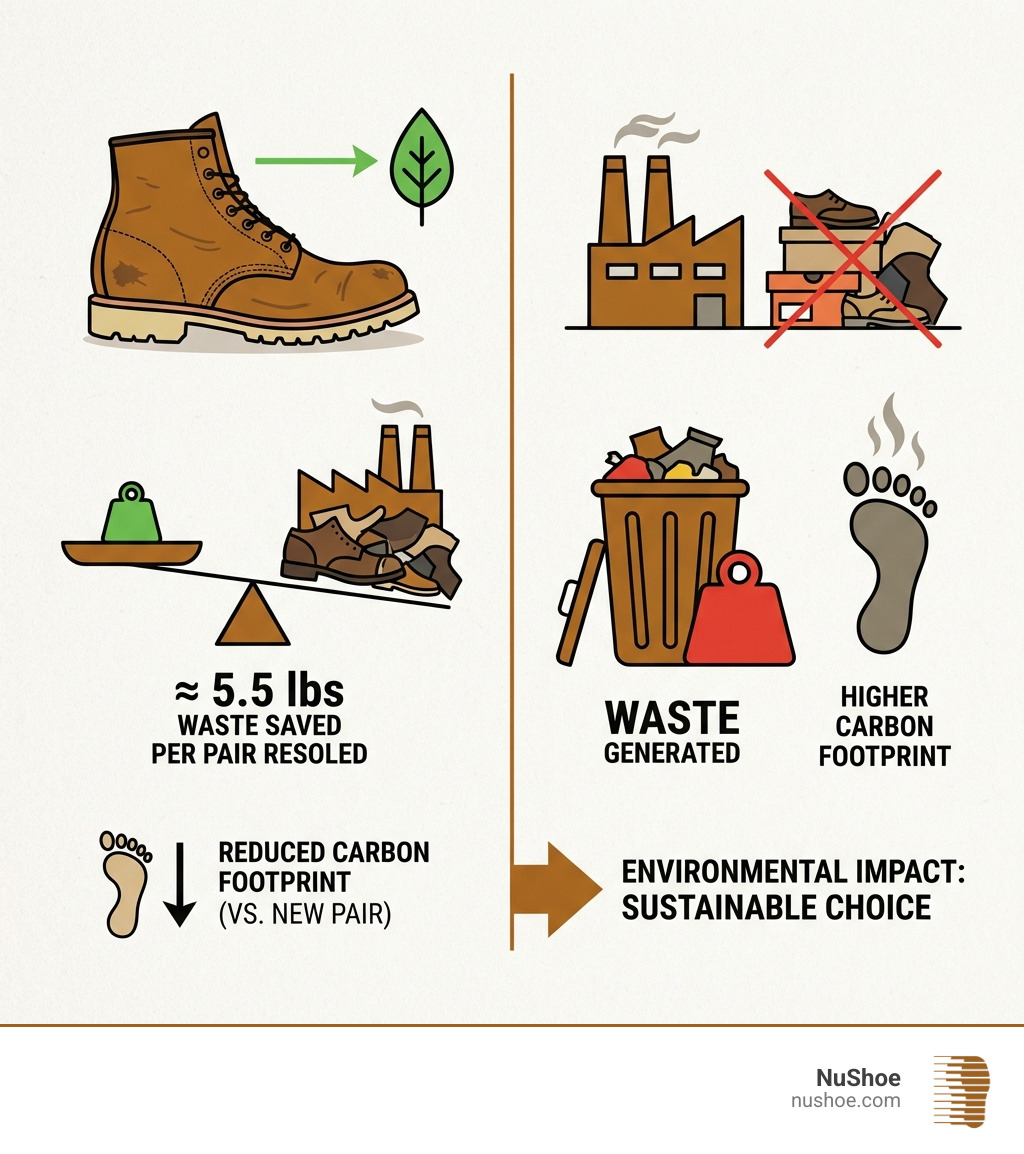 Graphic showing the environmental impact of resoling: 1 pair resoled saves approximately 5.5 lbs of waste and reduces the carbon footprint compared to manufacturing a new pair. - will red wing resole boots infographic 