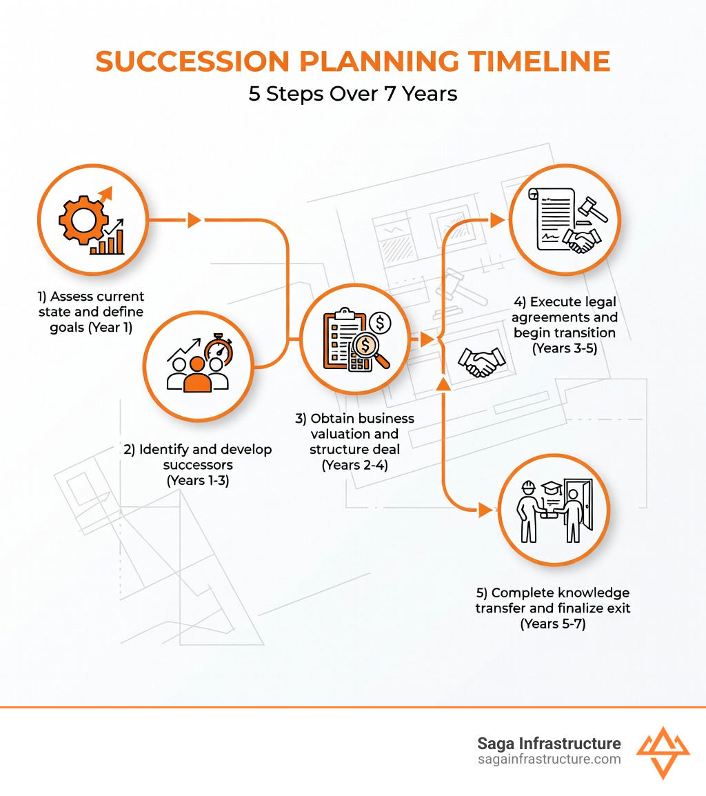 Infographic showing the 5-step succession planning timeline: 1) Assess current state and define goals (Year 1), 2) Identify and develop successors (Years 1-3), 3) Obtain business valuation and structure deal (Years 2-4), 4) Execute legal agreements and begin transition (Years 3-5), 5) Complete knowledge transfer and finalize exit (Years 5-7) - succession planning construction firms infographic 