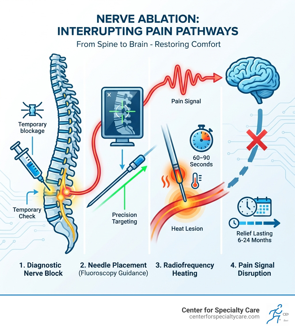 infographic showing how nerve ablation interrupts pain pathways from the spine to the brain, including the steps of diagnostic nerve block, needle placement with fluoroscopy guidance, radiofrequency heating of the nerve for 60-90 seconds, and pain signal disruption lasting 6-24 months - back ablation procedure infographic 
