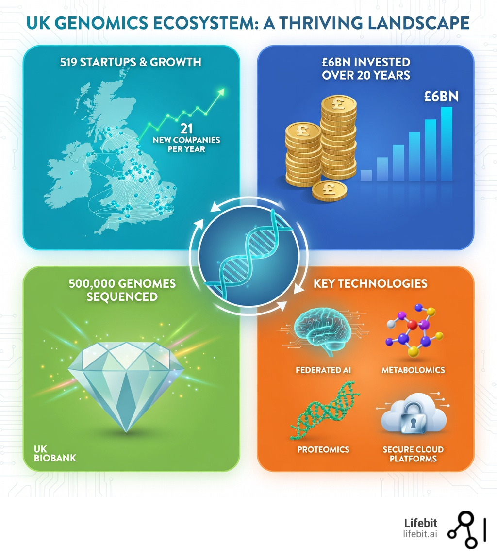infographic showing the UK genomics ecosystem: 519 startups, £26bn invested over 20 years, 500,000 genomes sequenced in UK Biobank, 21 new companies per year, key technologies including federated AI, metabolomics, proteomics, and secure cloud platforms - List the top biotech companies in the UK that offer services for analyzing 'omics data. infographic 