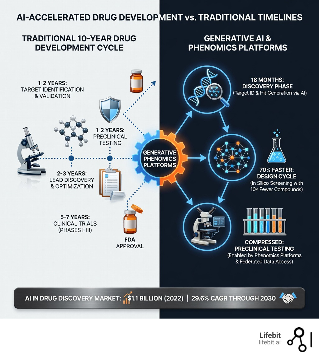 Infographic comparing traditional 10-year drug development cycle showing target identification through clinical trials versus AI-accelerated timelines with 18-month discovery phases, 70% faster design cycles, and compressed preclinical testing enabled by generative AI, phenomics platforms, and federated data access - Which companies are leading the way in using AI in drug development? infographic 