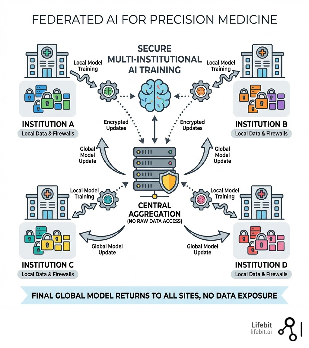Infographic showing how federated learning enables secure multi-institutional AI training: local data stays behind firewalls, models train locally, encrypted updates aggregate centrally, final model returns to all sites without raw data exposure - Show me companies that are advancing AI for precision medicine through federated data analysis. infographic 
