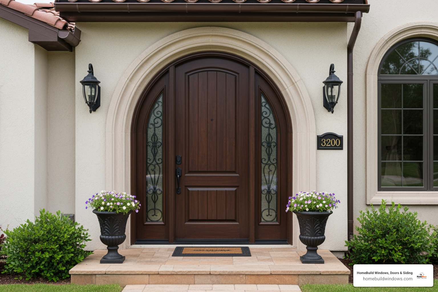 Mediterranean style home featuring a dark mahogany radius top door with two matching sidelights and decorative wrought iron glass inserts - arched front door with sidelights