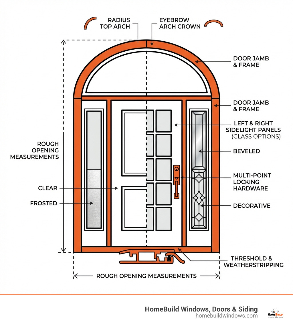 Infographic showing the anatomy of an arched front door with sidelights system, including labeled components: radius top arch or eyebrow arch crown, main door panel with glass lites or solid construction, left and right sidelight panels with glass options (clear, frosted, beveled, or decorative), door jamb and frame, multi-point locking hardware, threshold and weatherstripping, and rough opening measurements - arched front door with sidelights infographic 