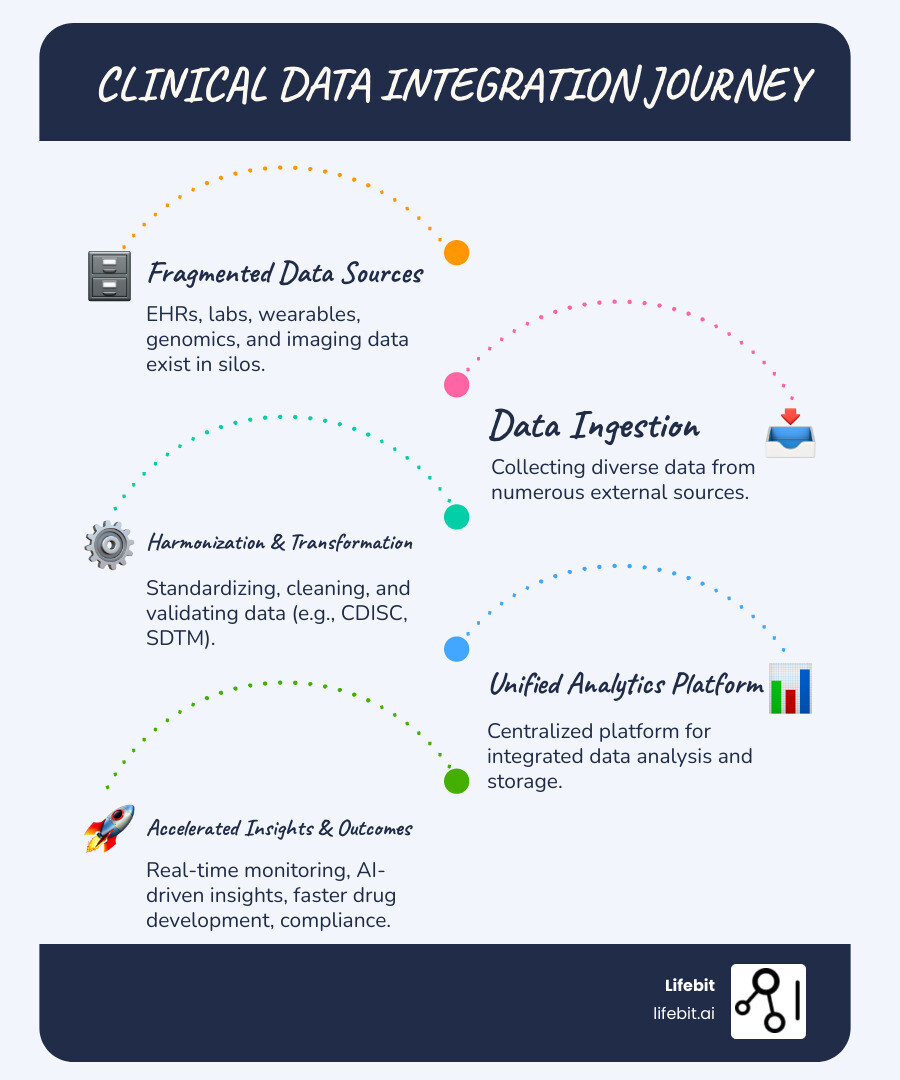 Infographic showing the evolution from siloed clinical data sources (EHRs, labs, wearables, genomics, imaging) flowing through integration layers (ingestion, harmonization, transformation, validation) into unified analytics platforms that enable real-time monitoring, AI-driven insights, regulatory submissions, and accelerated drug development timelines - What are the top clinical data integration platform providers for pharmaceutical research? infographic infographic-line-5-steps-blues-accent_colors Infographic showing the evolution from siloed clinical data sources (EHRs, labs, wearables, genomics, imaging) flowing through integration layers (ingestion, harmonization, transformation, validation) into unified analytics platforms that enable real-time monitoring, AI-driven insights, regulatory submissions, and accelerated drug development timelines - What are the top clinical data integration platform providers for pharmaceutical research? infographic infographic-line-5-steps-blues-accent_colors
