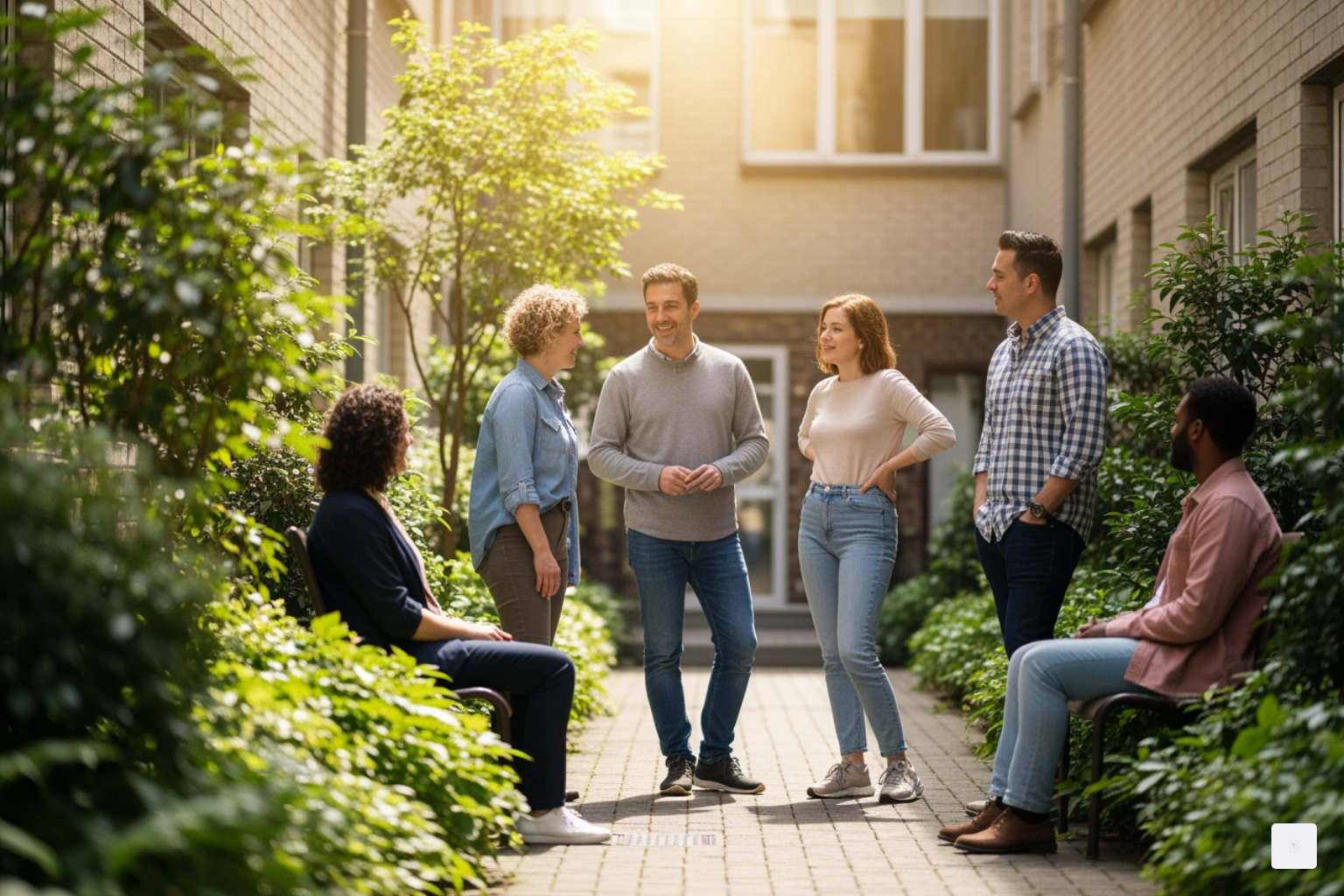 A diverse group of neighbors chatting in a sunlit apartment courtyard with green plants - low income apartments San Diego