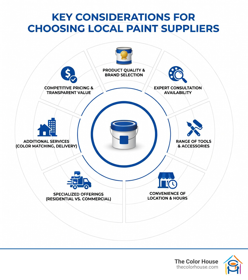 Infographic showing key considerations when selecting local paint suppliers: product quality and brand selection, expert consultation availability, range of tools and accessories, convenience of location and hours, additional services like color matching and delivery, specialized offerings for residential versus commercial projects, and competitive pricing with transparent value - paint suppliers in my area infographic Infographic showing key considerations when selecting local paint suppliers: product quality and brand selection, expert consultation availability, range of tools and accessories, convenience of location and hours, additional services like color matching and delivery, specialized offerings for residential versus commercial projects, and competitive pricing with transparent value - paint suppliers in my area infographic