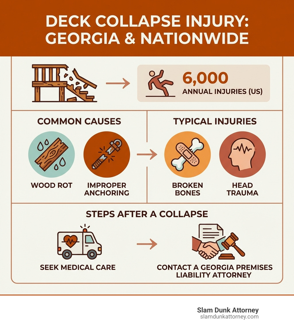 infographic showing deck collapse injury statistics in Georgia including 6,000 annual injuries nationwide, common causes like wood rot and improper anchoring, typical injuries such as broken bones and head trauma, and steps to take after a collapse including seeking medical care and contacting a Georgia premises liability attorney - deck collapse lawyer infographic 