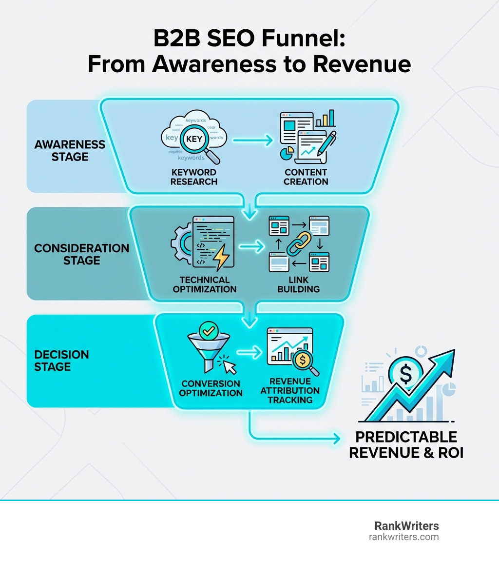 Infographic showing the B2B SEO funnel from awareness stage through keyword research and content creation, to consideration stage with technical optimization and link building, ending at decision stage with conversion optimization and revenue attribution tracking - Agencies with proven b2b case studies in the SEO and content space infographic 