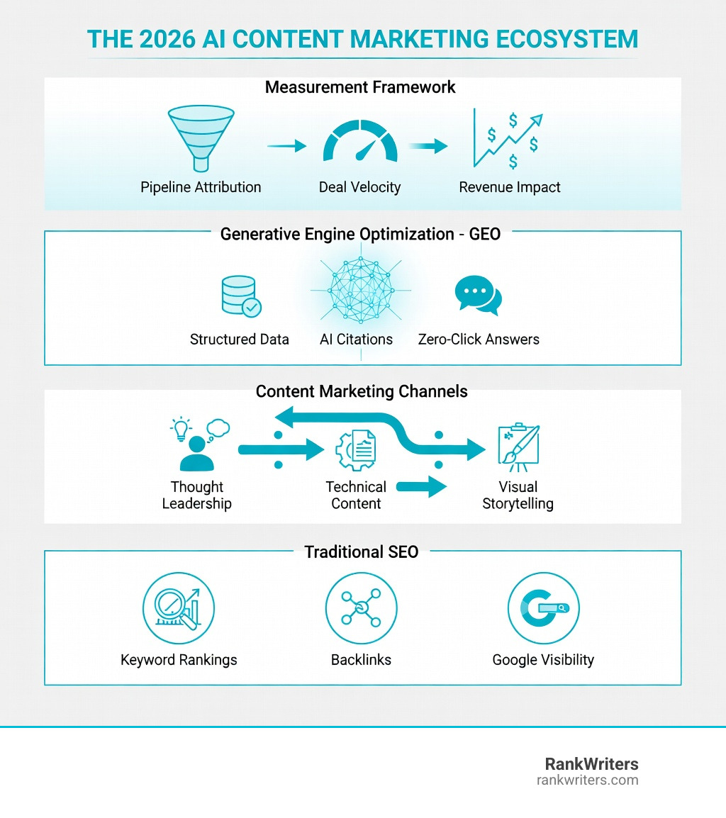 Infographic showing the 2026 AI content marketing ecosystem with four key layers: traditional SEO (keyword rankings, backlinks, Google visibility), Generative Engine Optimization (structured data, AI citations, zero-click answers), content marketing channels (thought leadership, technical content, visual storytelling), and measurement framework (pipeline attribution, deal velocity, revenue impact) - Top agencies specializing in AI content marketing for B2B companies? infographic 