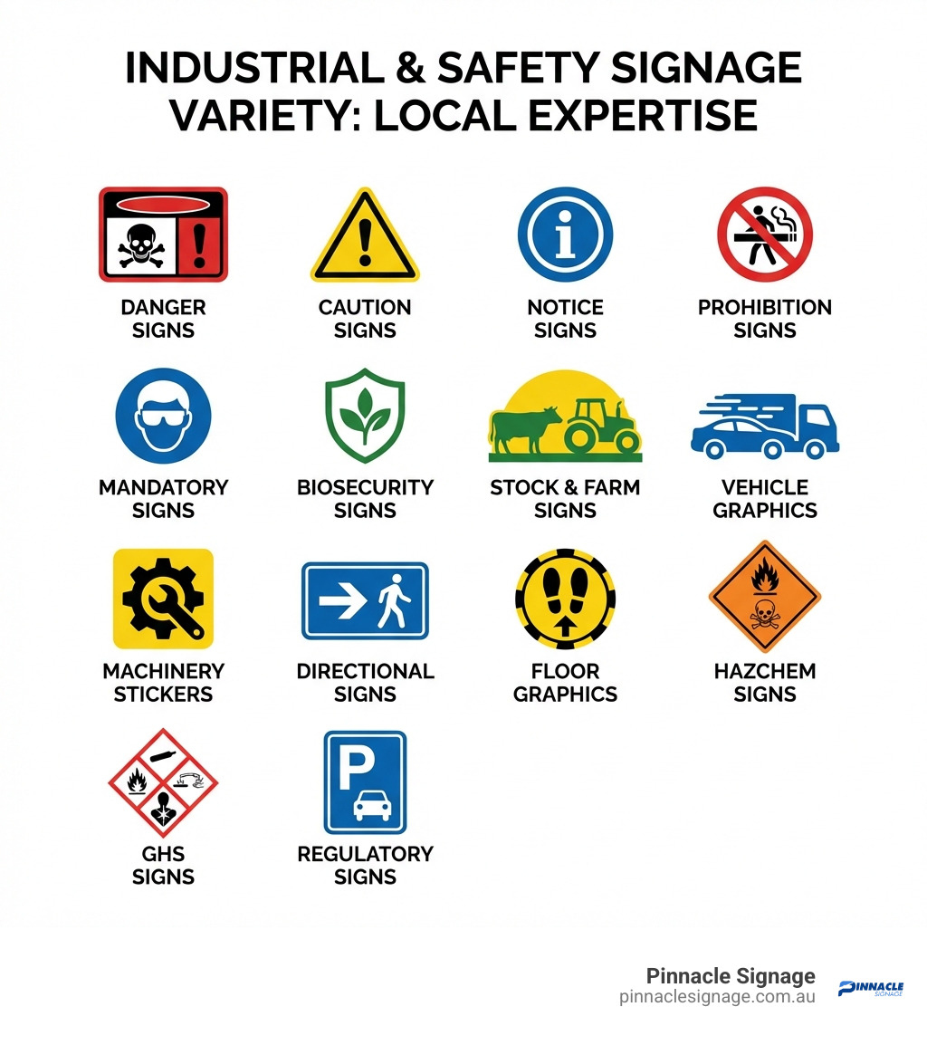 A comprehensive grid of industrial and safety icons, from biosecurity to hazchem, representing the wide range of services offered by local signage experts. A comprehensive grid of industrial and safety icons, from biosecurity to hazchem, representing the wide range of services offered by local signage experts.