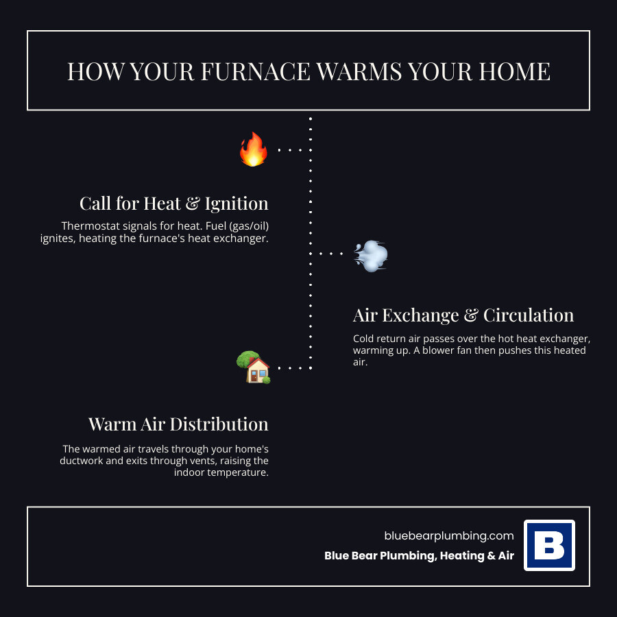 Infographic showing the components of a residential furnace system including the thermostat, gas valve, burners, heat exchanger, blower motor, and air filter, with arrows indicating airflow and heating process from cold air intake through warm air distribution - furnace repair near me in natick, ma infographic infographic-line-3-steps-dark Infographic showing the components of a residential furnace system including the thermostat, gas valve, burners, heat exchanger, blower motor, and air filter, with arrows indicating airflow and heating process from cold air intake through warm air distribution - furnace repair near me in natick, ma infographic infographic-line-3-steps-dark