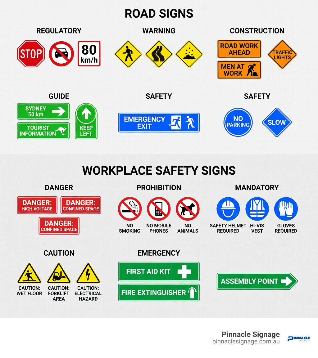 Infographic of regulatory, warning, and mandatory signage types, providing a clear visual aid on how to read signs in different environments. Infographic of regulatory, warning, and mandatory signage types, providing a clear visual aid on how to read signs in different environments.