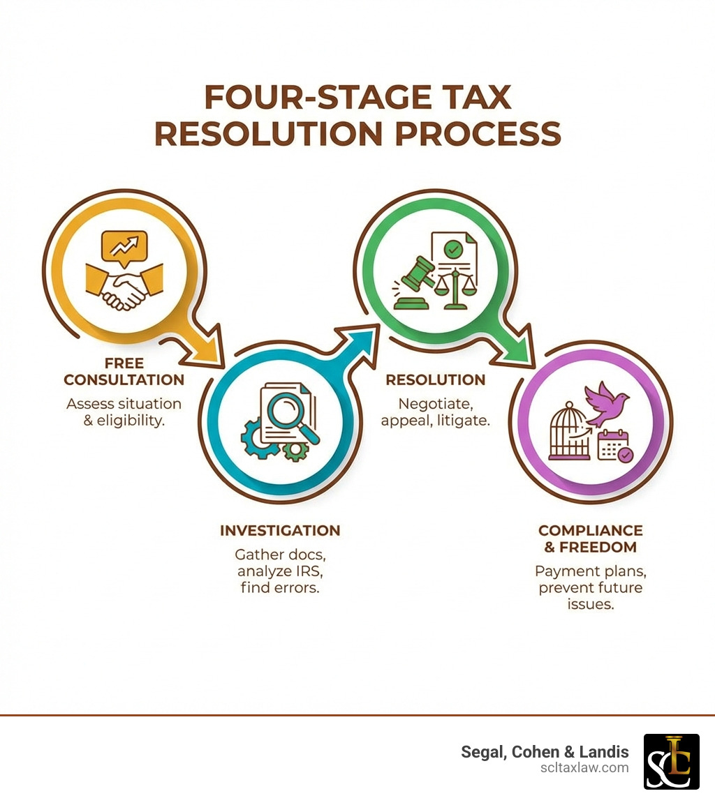 Infographic showing the four-stage tax resolution process: 1) Free Consultation - Assess your tax situation and eligibility for relief programs; 2) Investigation - Gather documentation, analyze IRS correspondence, and identify procedural errors; 3) Resolution - Negotiate settlements, file appeals, or litigate in Tax Court; 4) Compliance & Freedom - Implement payment plans and ongoing tax planning to prevent future issues - Charlotte tax attorney infographic 