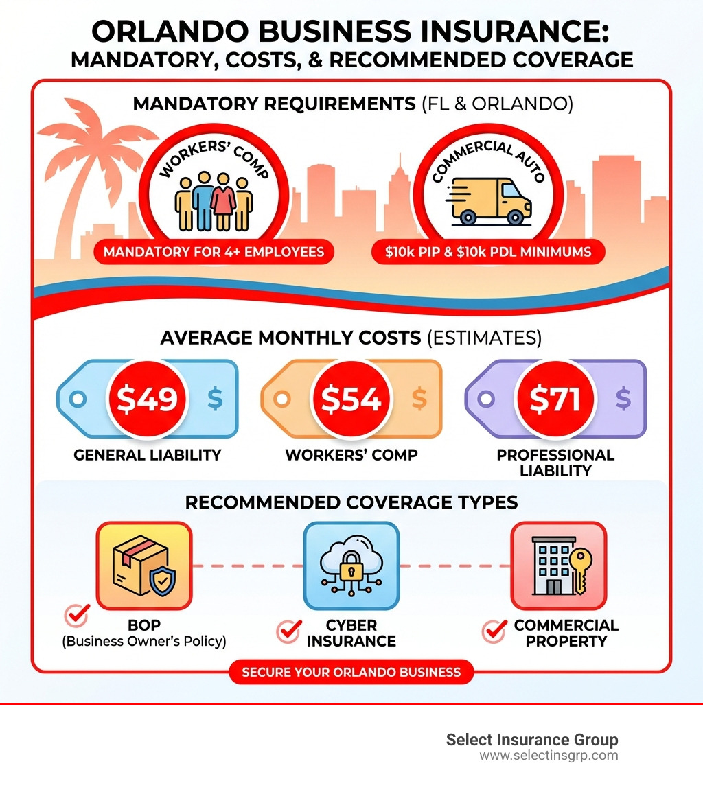 Infographic showing Orlando business insurance requirements: Workers' comp mandatory for 4+ employees, commercial auto with $10k PIP and $10k PDL minimums, average costs of $49/month for general liability, $54/month for workers' comp, and $71/month for professional liability, plus recommended coverage types including BOP, cyber insurance, and commercial property insurance - business insurance quotes orlando fl infographic Infographic showing Orlando business insurance requirements: Workers' comp mandatory for 4+ employees, commercial auto with $10k PIP and $10k PDL minimums, average costs of $49/month for general liability, $54/month for workers' comp, and $71/month for professional liability, plus recommended coverage types including BOP, cyber insurance, and commercial property insurance - business insurance quotes orlando fl infographic