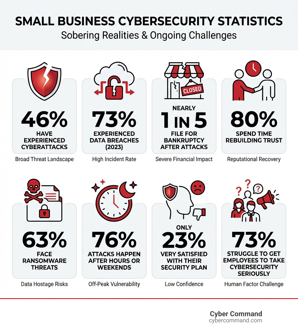 infographic showing small business cybersecurity statistics: 46% have experienced cyberattacks, 73% experienced data breaches in 2023, nearly 1 in 5 file for bankruptcy after attacks, 80% spend time rebuilding trust, 63% face ransomware threats, 76% of attacks happen after hours or weekends, only 23% are very satisfied with their security plan, and 73% struggle to get employees to take cybersecurity seriously - Small business cybersecurity infographic 