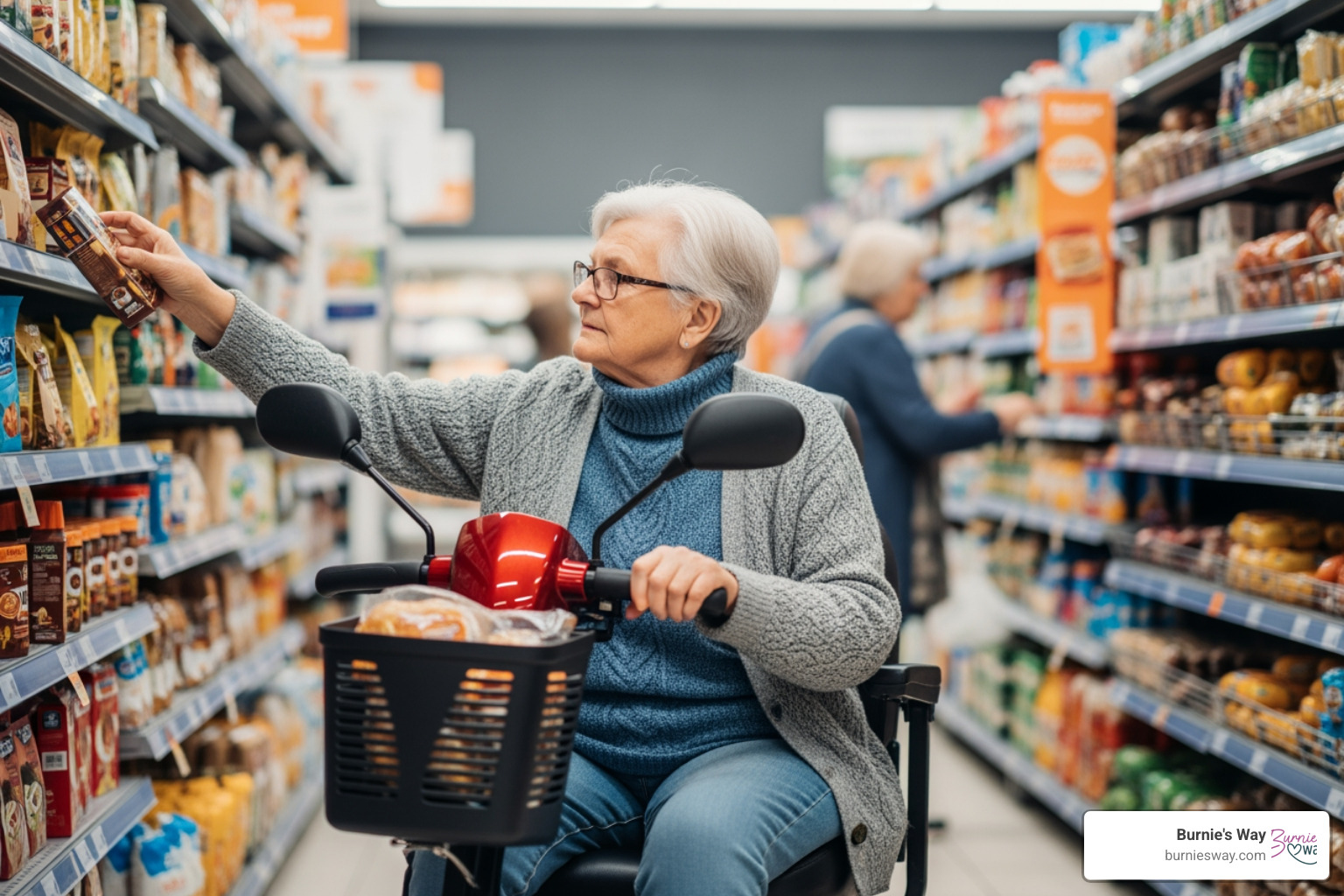 senior using a grocery store mobility scooter - grocery shopping for elders senior using a grocery store mobility scooter - grocery shopping for elders