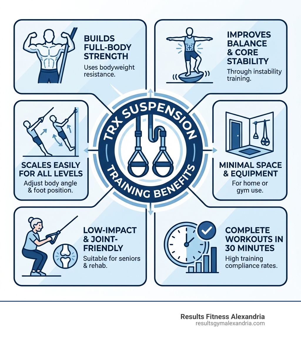 Infographic showing the core benefits of TRX suspension training: builds full-body strength using bodyweight, improves balance and core stability through instability training, scales easily for all fitness levels by adjusting body angle and foot position, requires minimal space and equipment for home or gym use, provides low-impact joint-friendly exercise suitable for seniors and rehab, delivers complete workouts in 30 minutes with high training compliance rates - TRX suspension training infographic 