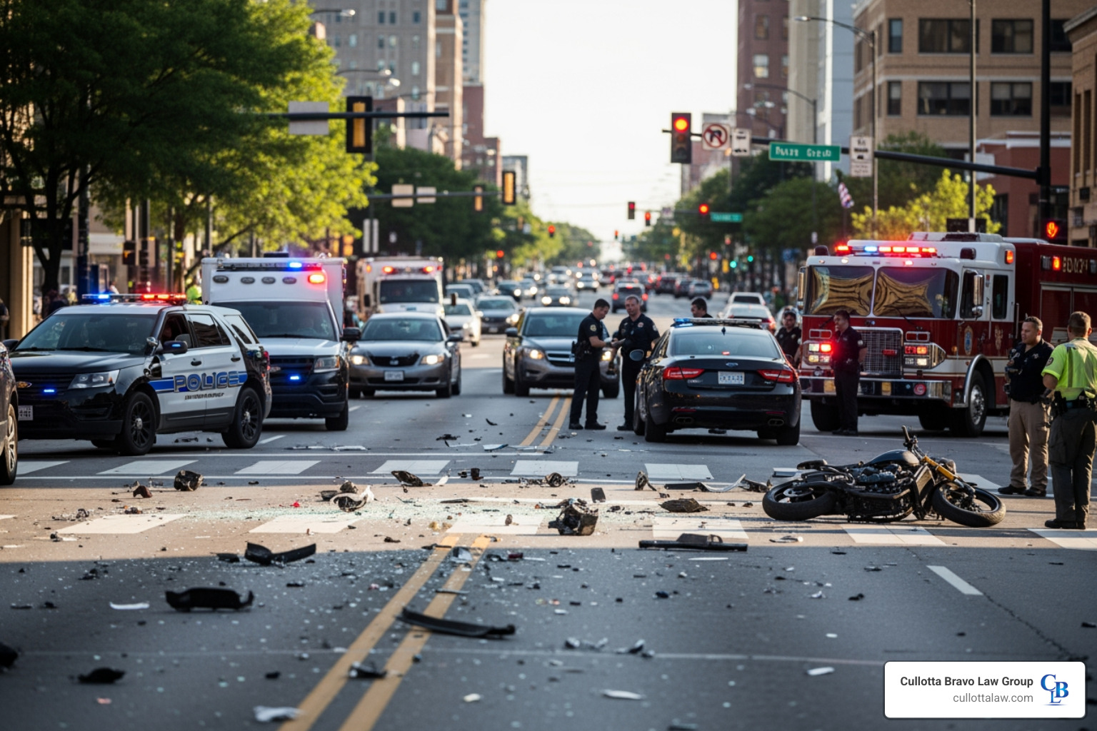 Scene of a motorcycle crash on a busy Aurora street - motorcycle accident attorney Aurora